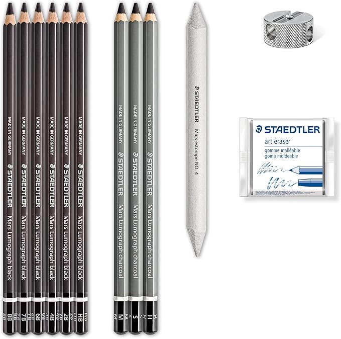 Staedtler Mars Lumograph Art Set | Drawing Kit with Charcoal and Graphite Drawing Pencils, Blending Stump, Kneadable Eraser and Dual Hole Sharpener 61 100C