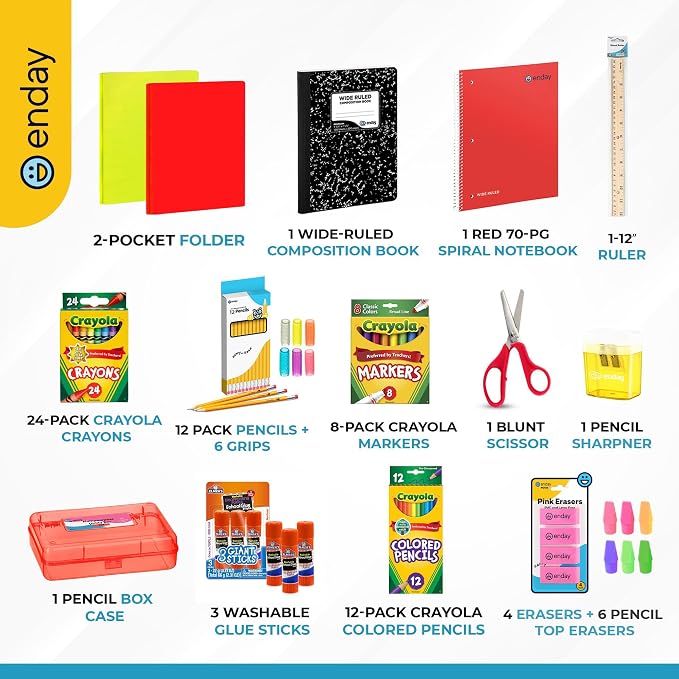 Enday Back to School Supplies Kit - Grades K-5, 83 Piece Back to School Supplies Kit, Kindergarten School Supplies Kids for Girls & Boys (1 Kit)