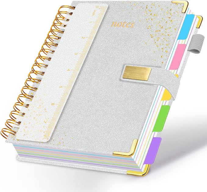 Spiral Notebook Journal 6.2''x 8.2'' 5 Subject Notebook with Dividers, 300 Pages Notebook College Ruled with Magnetic Closure, A5 Tabbed Notebooks for Work School, Sparkle Journal for Women (Silver)