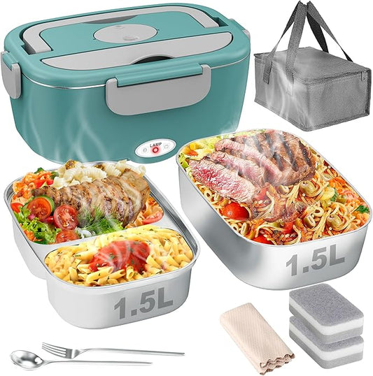 Geveniss Electric Lunch Box for Adults, Heated Lunch Box for Car and Truck, Portable Food Warmer for Office Work, 80W Fast Heating, Dual Removable 1.5L Stainless Steel Containers
