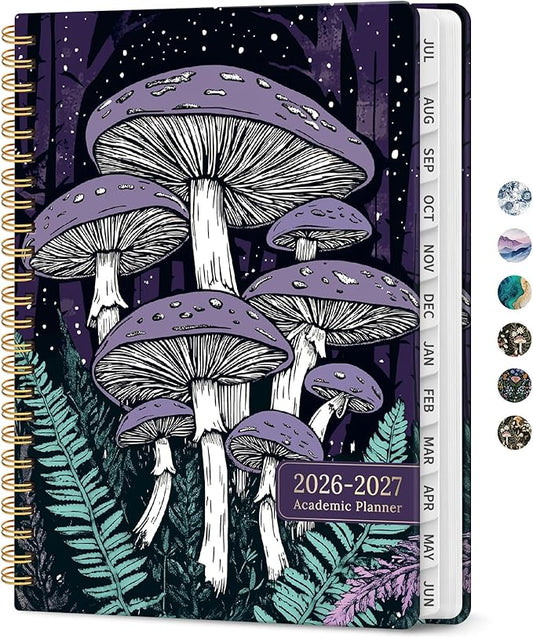 Planner 2026-2027, Academic Monthly and Weekly Calendar Planner for Women, July 2026 - June 2027, Hardcover Pretty Agenda Planner Book with Tabs, Spiral Daily Organizer for School Office Home Supplies, 8.5" x 11" - Enchanted Fungi