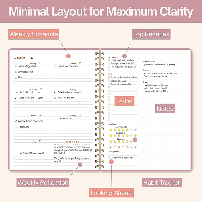 Undated Weekly Planner, 8.5" x 11", Dashboard Layout with Yearly Review, Monthly Calendars, & Weekly To Do List, Spiral Bound Organizer for Work, Study & Life (Pink)