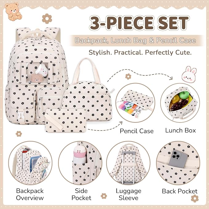 PIG PIG GIRL Corduroy Backpack 3PCS Kids Backpack for Girls School Bags for Middle School Students Book Bag for Elementary Primary Kawaii Ita Backpack with Lunch Box Pencil Case Set, Flower