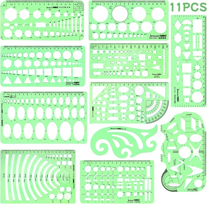 11PCS Geometric Drawings Templates, Drafting Stencils Measuring Tools, Transparent Green Plastic Ruler, for Architecture, Office, Studying, Designing