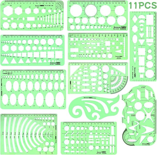 11PCS Geometric Drawings Templates, Drafting Stencils Measuring Tools, Transparent Green Plastic Ruler, for Architecture, Office, Studying, Designing