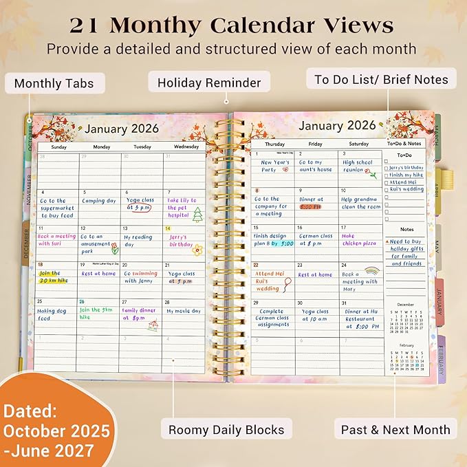 Planner 2025-2027, 21 Months Weekly and Monthly Daily Planner from October 2025 - June 2027, 8.5" x 11" A4 Large Hardcover Agenda Organizer Book 2026 with Tabs, Spiral Yearly Calendar Planners for School Work Home, Pink Blue Marble