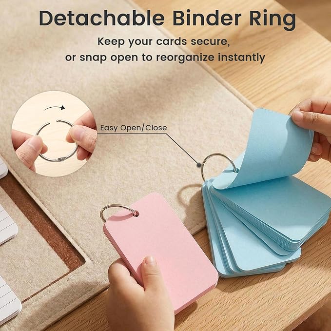 Koogel 1500PCS Flash Cards for Studying with Metal Rings, 2.2 x 3.5 Inch, Colored Index Cards Bulk, Portable Small Notecard Memo Scratch Pads for Students,Teachers, Office Home School, 7 Colors
