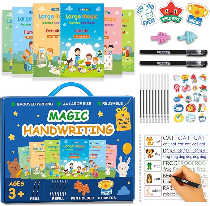 Monking Large Magic Practice Copybook for Kids,Handwriting Grooved Practice Book 6 Pack with Pen Refill English Cursive Calligraphy Reusable Age 3-8