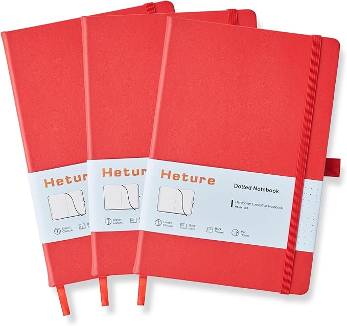 Heture Hardcover Dotted Notebooks, A5 Dotted Journal Notebook for Writing 160 Pages, 8.2 x 5.5 inch, Classic Dotted Notebooks for College/Work/Travel (Dotted-3 Pack, Red)