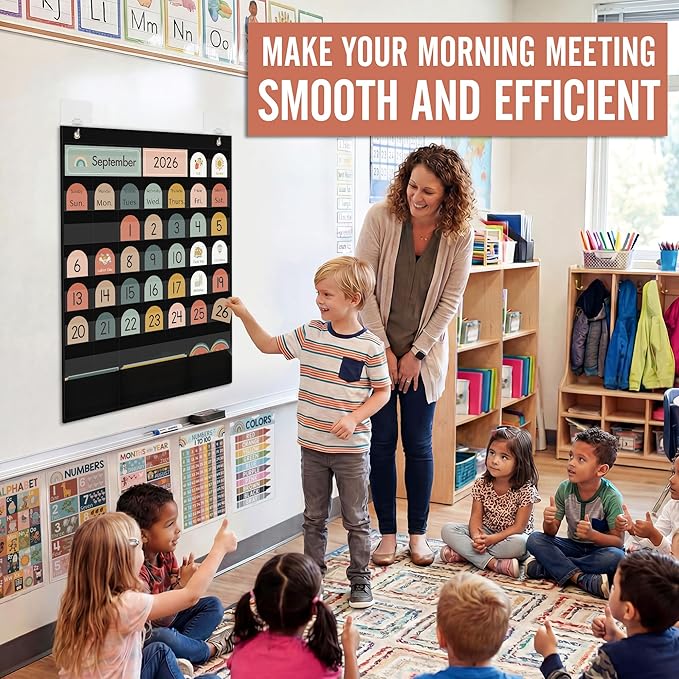 Classroom Monthly Calendar Pocket Chart for Kids Learning, 105 Cards Black Wall Calendar and Weather, Teacher Supplies for Kindergarten Preschool Elementary Homeschool Must Have