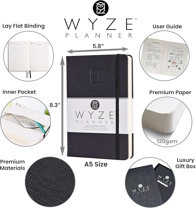 Wyze Planner Undated Daily Planner – 6-Month A5 Productivity Organizer with Full Page Per Day, ADHD Friendly, Hourly Schedule, Goal Setting, Habit Tracker, Weekly & Monthly Pages – Hardcover Time Management Notebook (Black)