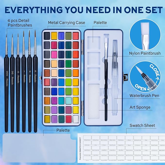Finenolo 50 Colors Watercolor Paint Set with 8 Brushes (Water Brush + Detail Brushes), Mixing Palettes & Complete Accessories, Perfect for Beginners,Great for Outdoor Sketching, Painting Creation, Holiday Gifts