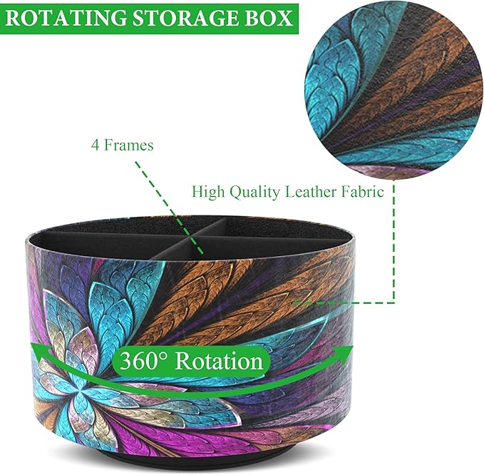 Round Leather Art Supply Organizer,Remote Control Holder,360 Degree Rotating,Multi-Functional Pencil Holder,4 Compartments Desktop Stationary Organizer(1-Fractal Flower) | Round, 360 Degree Rotating, Multi-Functional, Desktop