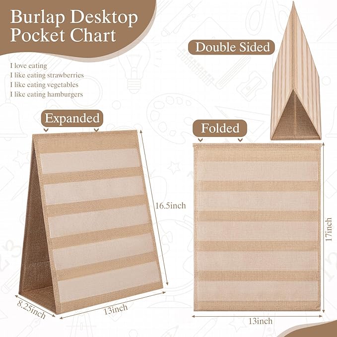 Motipuns 1 Pack Burlap Pocket Chart for Classroom, 17 x 13 Inches Farmhouse Desktop Pocket Chart Double Sided Tabletop Stand Decor for Teacher Homeschoolers Aids in Teaching