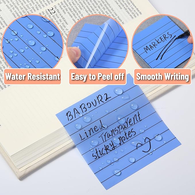 Mr. Pen- Transparent Sticky Notes, 3"x3", 10 Pads, 7X Lined, 3X Blank, 500 Sheets, Lined Transparent Sticky Notes, Water-Resistant See Through Self-Adhesive Note Pads for Bible Journaling, Studying