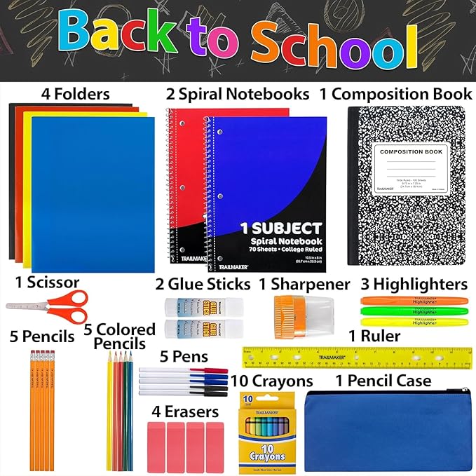 Trail maker Bulk Elementary School Supply Kits, 12 Packs of 45 Piece Wholesale School Supplies for Kids Includes Folders Notebooks Pencils Pens and Much More!