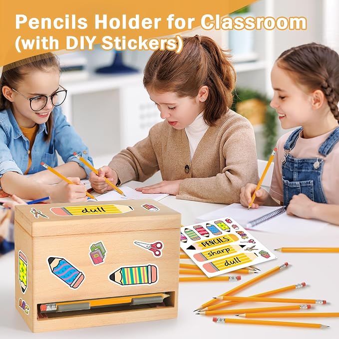 Aigybobo Pencil Dispenser for Classroom, Wooden Desk Pencil Holder (Wood) | Teacher Must Haves, Classroom Organization, Wooden Dispenser for Pencils or Straws, for Offices, Kitchens, Restaurants