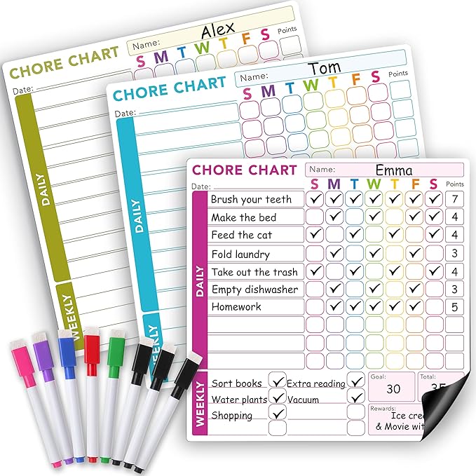 3 Pcs Responsibility Chore Chart Set for Multiple Users, Teens & Adults - Pocket Charts - Fridge Magnetic Whiteboard Set - 3 Individual Dry Erase Organization Charts (10"x10" Each) & 8 Markers