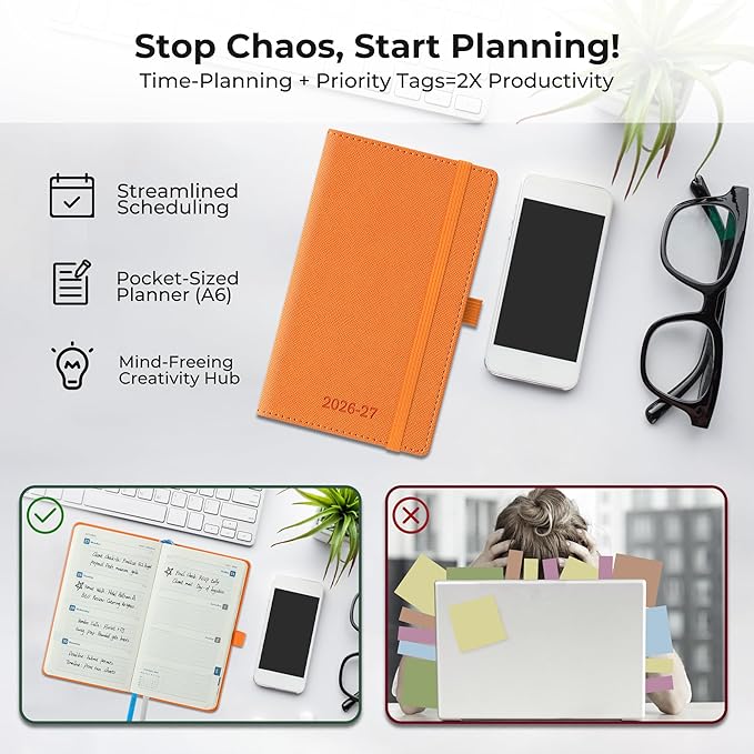 Weekly Monthly 2026-2027 Planner (July 26-Dec 27),6.5"x3.75",18 Months Agenda Plan with Month Tabs & Pocket,Expenses/Note Pages, Academic Calendar with Vegan Leather Cover,Orange
