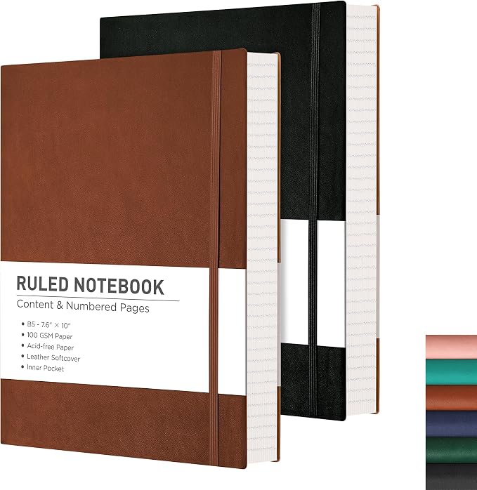 RETTACY Lined Journal Notebook, 2-Pack, 204 Numbered Pages per Pack, B5 Medium 7.6" × 10", Leather Softcover, 100 GSM Thick Paper, for Writing, Work, School (Black & Brown)