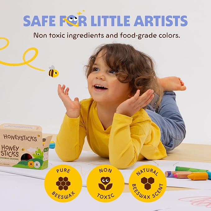 Honeysticks 100% Pure Beeswax Crayons (12 Pack) - Pastel Colored - Non Toxic Crayons for Toddlers 1-3, Safe for Baby from 1 Year Old Plus, Handmade with Natural Beeswax and Food-Grade Colors, Eco