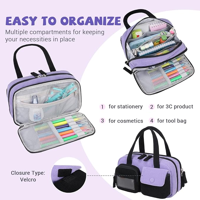 Pencil Case Corduroy Multiple Compartments Pouch Bag for Girl, Black Purple