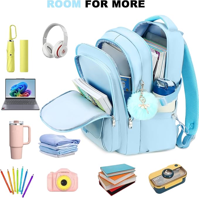 School Bag for Teens Girls,Girls Backpack,3 PCS Backpack for Girl, 15.6 Inch Laptop with Lunch Box Pencil Pouch Set (Blue)