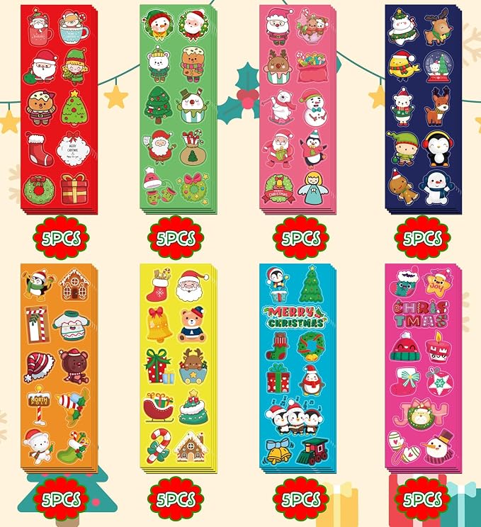 Christmas Stickers, Stocking Stuffers for Kids, 40 Sheets with 400 Stickers | Christmas Stickers for Kids, Christmas Crafts for Grandkids, Xmas Games Party Favors Supplies Gifts for Kids Ages 3 4 5 6 7 8