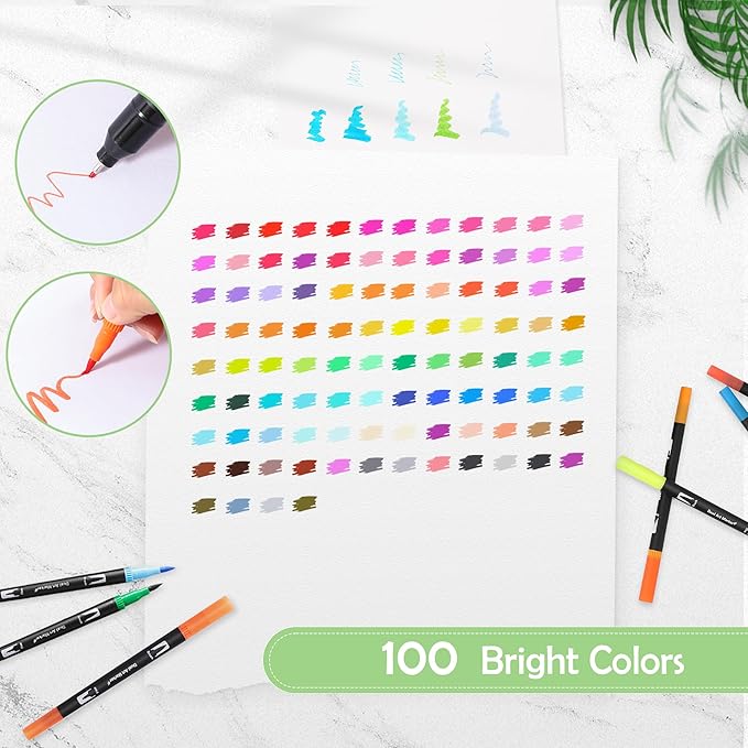 nauets 100 Colors Brush & Fine Dual Tip Watercolor Markers for Adult Coloring Books No Bleeding Professional Paint Pens For Drawing Note taking Planner Calligraphy Journaling Card Making Art Supplies