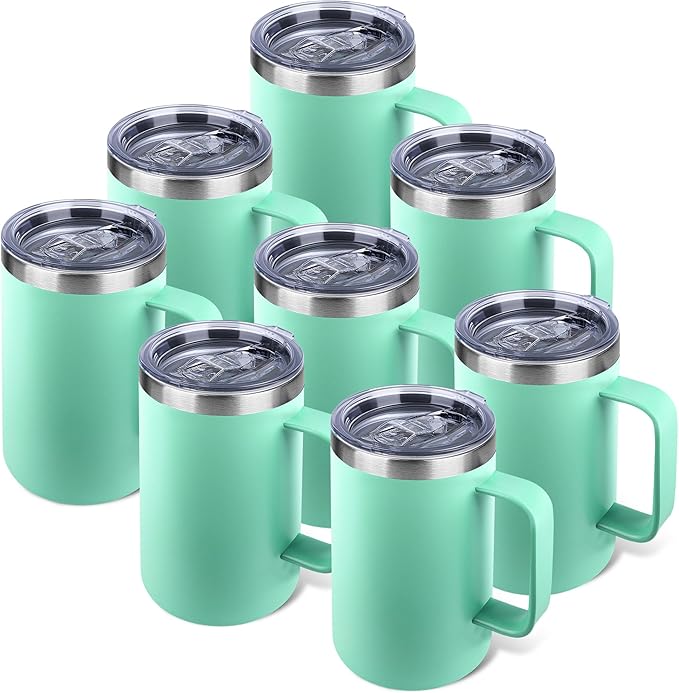 22oz Insulated Coffee Mug with Handle & Leak-Proof Lid - Double Wall Stainless Steel Travel Tumbler Bulk for Commute/Office/Home, Mint Green, 8 Pack