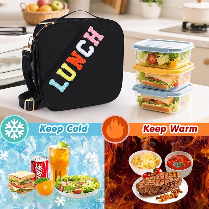 Nsrzua Insulated Lunch Bag With Adjustable Shoulder Strap, Reusable Lunch Bag for Kids, Girls, Boys, Women, Preppy Lunch Box for School, Travel, Picnic (Black)