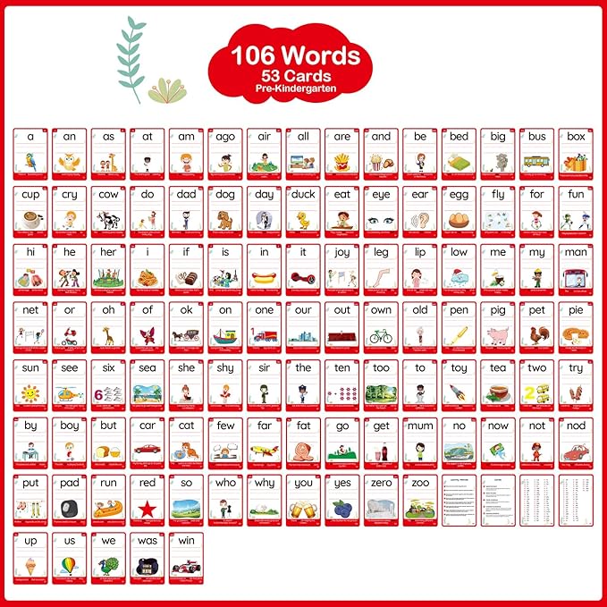 WJPC 58 Cards, 116PCS High Frequency Sight Words Flash Cards for (Pre-K, Pre-Kindergarten, Kindergarten, 3,4,5, Years Ages Kids Boys Girls Toddler Flash Cards for 3-6 Years