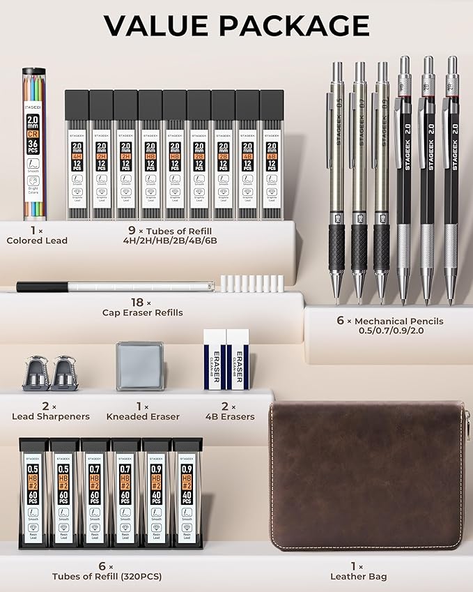 STAGEEK Mechanical Pencil Set with Leather Bag 30 Count, Drawing Pencils 0.5, 0.7, 0.9MM & 3PCS 2MM Sketching Pencils with 464PCS Lead Refills (6B 4B 2B HB 2H 4H Color) for Artist Drafting Drawing