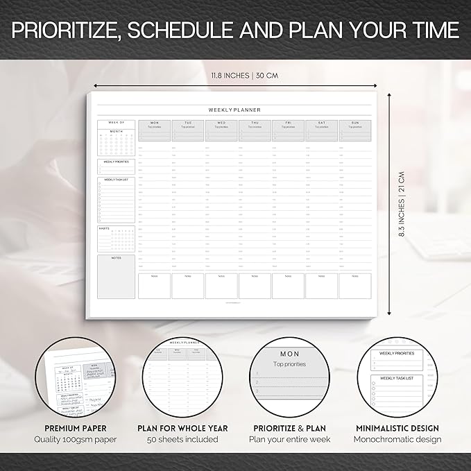 Weekly Hourly Planner Notepad, Daily Planner Desk Pad, Weekly Schedule, To Do List Note Pad, ADHD Planner | 50 Undated Tear Away Sheets | A4 (Mono)