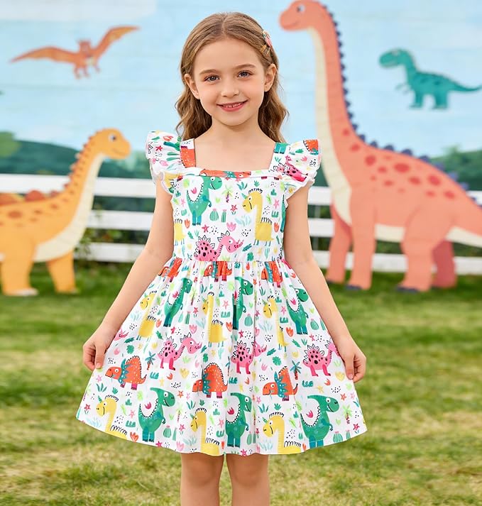 Popshion Girls Dresses Flutter Sleeve Swing Sundress Toddler Summer Clothes Kid Birthday Party Sleeveless Dress 1-8 Years Old