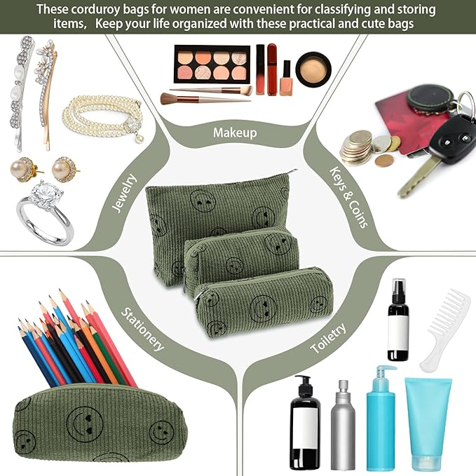 Huhumy 3 Pcs Makeup Bag Set for Women Corduroy Cosmetic Pouch Aesthetic Smile Travel Toiletry Bag Cute Purse Pouch Pencil Case Makeup Brushes Storage Organizer with Zipper(Army Green,Smile Face)