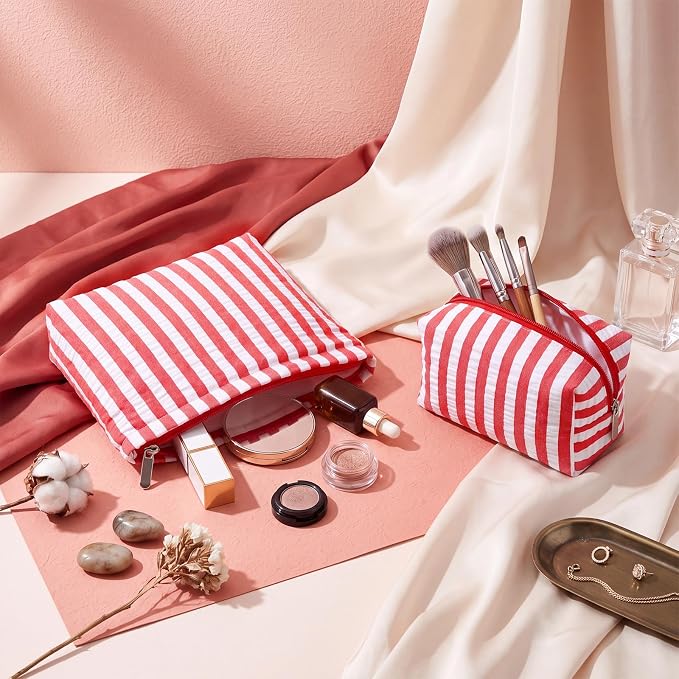 Huhumy 2 Pcs Makeup Bag Set for Women, Red, Wide Striped Seersucker | Cute Cosmetic Pouch Women Travel Toiletry Bag Preppy Small Makeup Purse Pouch Aesthetic Skincare Brushes Storage Organizer