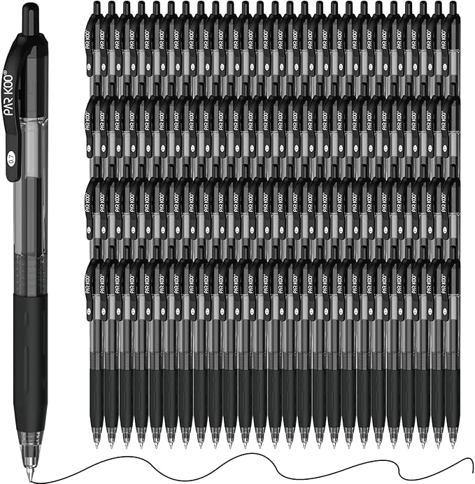 ParKoo Pens Bulk, 100 Pack No Bleed Black Ink Retractable Gel Pens with Soft Grip, Medium Point Smooth 0.7MM, Click Pens for Office School Work