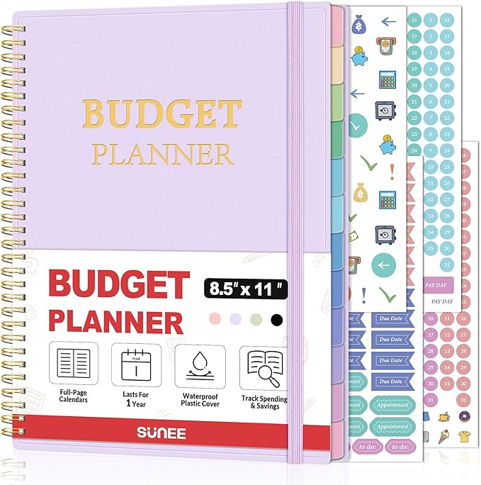 SUNEE Budget Planner - Monthly Budget Book with Expense Tracker Notebook, A4(8.5" x 11") Undated 12 Month Bill Organizer & Finance Planner to Manage Your Money, Account Book with Colorful Tab, Purple