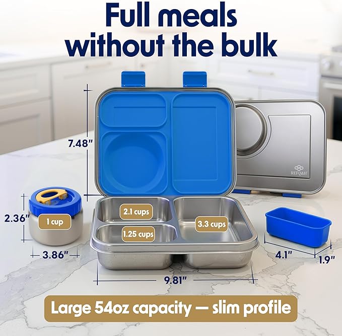 Stainless Steel Bento Lunch Box with 8 oz Insulated Food Jar – 54 oz – Leak-Resistant 3-Compartment Kids & Adult Metal Meal Container with Silicone Container and Thermo for Work & School, BPA-Free