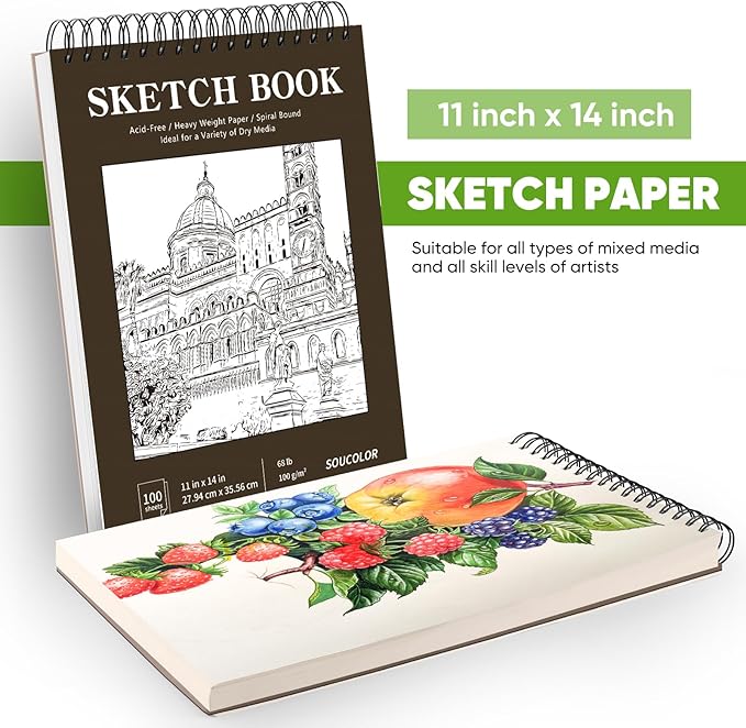 Soucolor 11" x 14" Large Sketchbook, 100 Sheets 68lb/100gsm Top Spiral Bound Sketch Book Pad, Acid Free Big Sketch Paper for Drawing, Illustration, Art Class