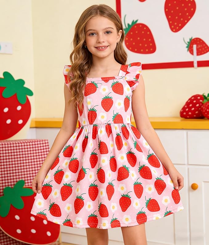 Popshion Girls Dresses Flutter Sleeve Swing Sundress Toddler Summer Clothes Kid Birthday Party Sleeveless Dress 1-8 Years Old