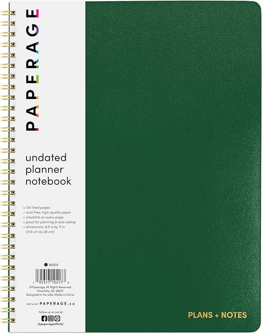 PAPERAGE Undated Daily Planner & To Do List Notepad (Dark Green), 8.5 in x 11 in, Spiral Bound Planner Notebook for Work, School or Home, 104 Lined Pages With Date Tracker for Plans & Notes