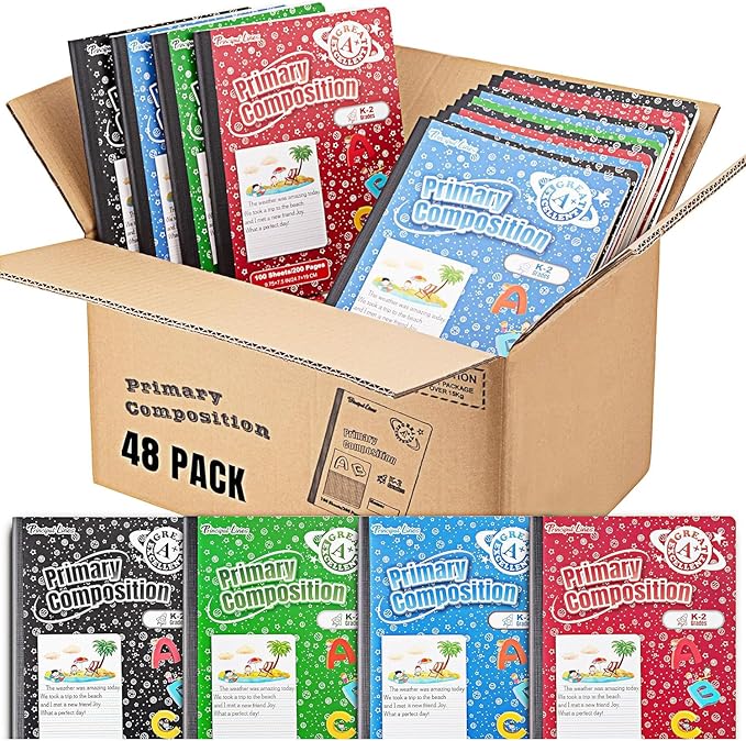48 Pack Primary Composition Notebook K-2, Primary Ruled Journal, Draw and Write Journal for Kids, Notebook School Supplies for Students, Hard Cover, 200 Pages(100 Sheets)