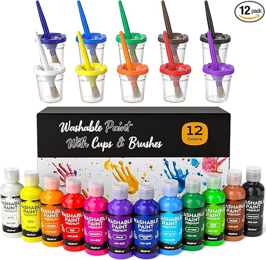 Nicpro 12 Colors Washable Finger Paint Set for Toddlers (2 oz), Non Toxic & Baby Safe Kids Paint with Paint Cups & Toddler Paintbrushes, Mess Free Art Supplies for Children Age 3 4 5 6+, Preschool Learning & Classroom Gifts