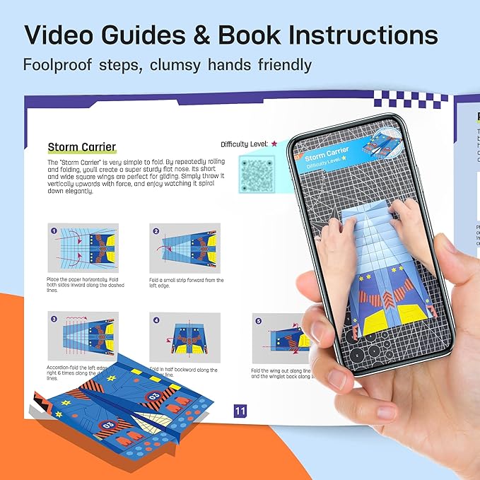 Leven DIY Paper Airplane Book, 16 Creative Folding Paper Planes with 48 Sheets of Colorful Origami Paper, Arts & Crafts Kit with Video Tutorials – Gifts for Boys and Girls Ages 3–12+ 11 * 8.3 inches