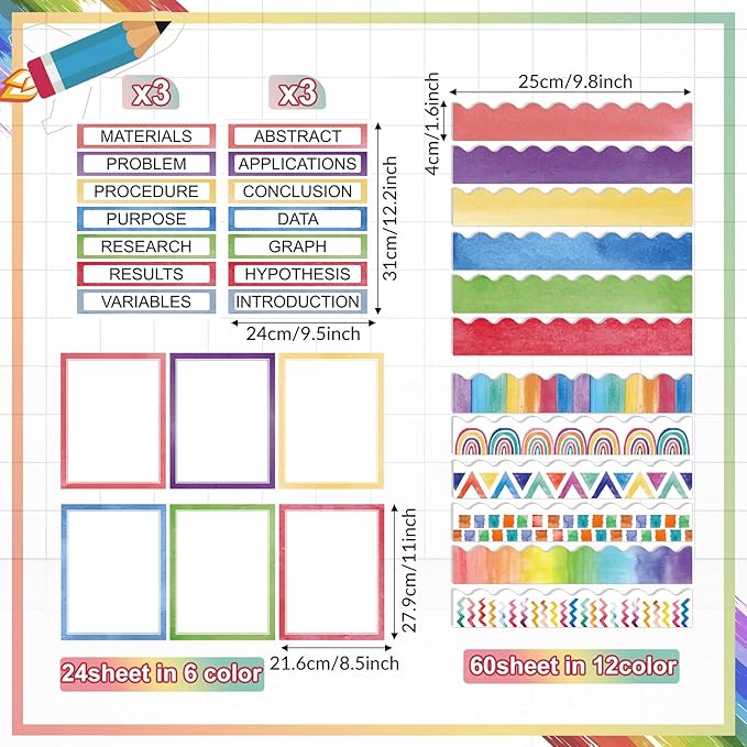 Fuyoooo 90 Pcs Science Fair Board Supplies 60 Trim Scalloped Bulletin Board Borders 24 Presentation Board Subtitles 6 Science Fair Titles for Classroom Display Boards (Watercolor)