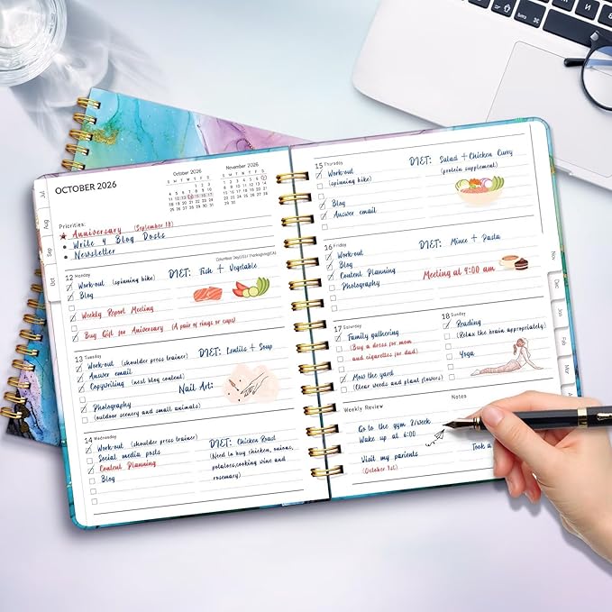 Lonely Oak Academic Planner 2026-2027, Daily Weekly and Monthly Agenda Planner 6.18" x 8.5" with Tabs, 12 Months Spiral School Year A5 Calendar from Jul.2026 to Jun.2027 for Student and Teacher (Cyan Marble)