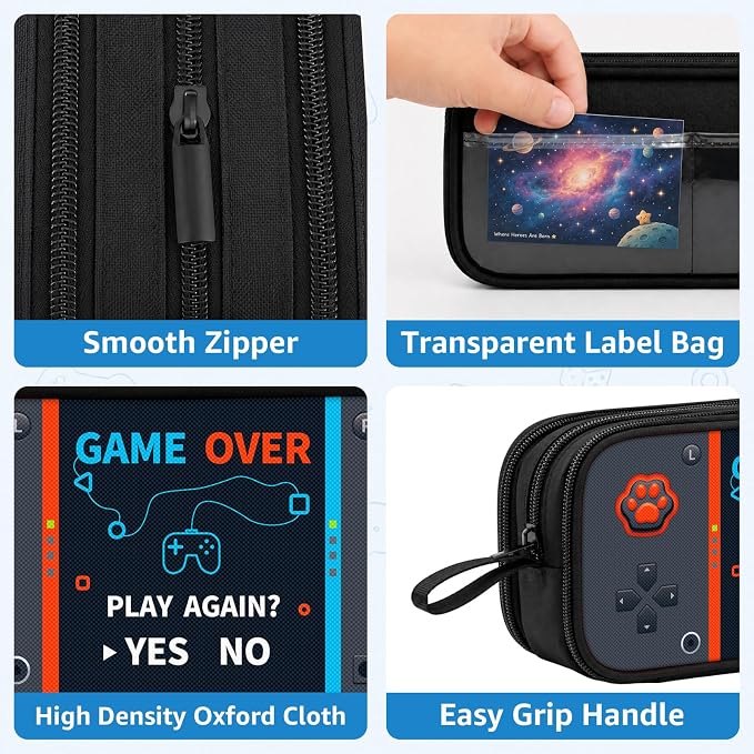 Game Controller Pencil Case for Boys Kids Teens, Large Capacity Pencil Pouch with 3 Compartments, 7 Pockets and Label Pocket for School College Office Travel (Gray)