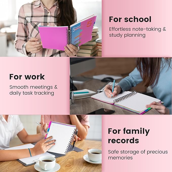 CAGIE 5 Subject Notebook 2 Pack, A5 Small Spiral Notebook with Removable Pocket Dividers Tabs, 240 Pages Spiral Note Book College Ruled for School Work Note taking, Pink&Black